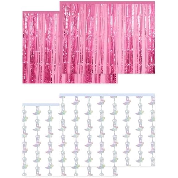 4 Pcs Cowgirl Party Decorations - 2 Boot Silver Metallic Tinsel Fringe Curtains & 2 Candy Pink Backdrops for Birthday Supplies Last Rodeo Bachelorette Wedding Disco Decor$$Electronics Accessories