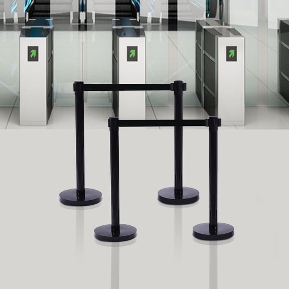 4 Pcs Crowd Control Barrier Queue Poles Retractable Belt Stanchion Posts Black