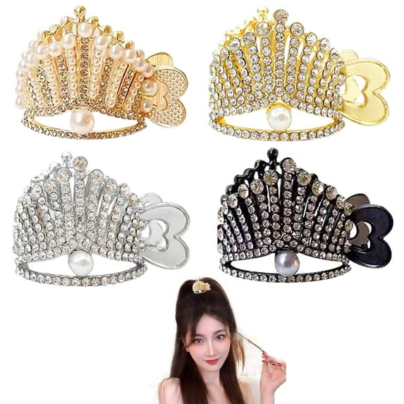 4 Pcs Crown Hair Clip Pearl Rhinestone Hairpin High Ponytail Fixed Hair ClipMinimalist Hair Clip for Girls Non-slip Hair Clip Ponytail Holder for Women Shining Crystal Hair Accessories\u2026