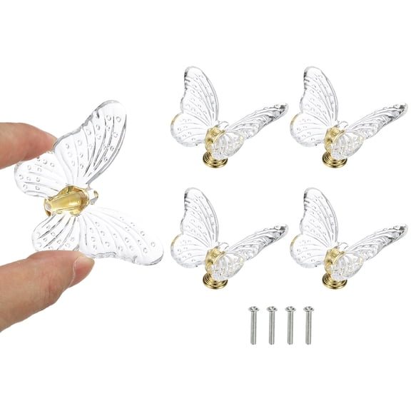 4 Pcs Crystal Cabinet Knob, 1.5" x 1.5" Butterfly Dresser Knob Cupboard Decoration White