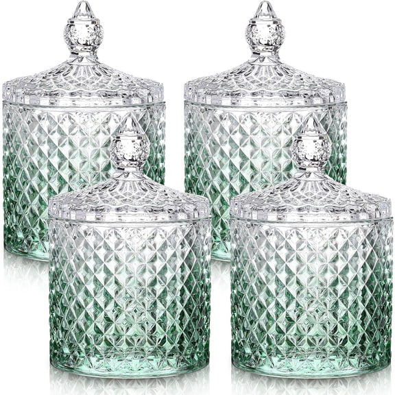 4 Pcs Crystal Glass Candy Jar Set with Lids Home Decorative Storage Jars for Apothecary, Bathroom, Kitchen, and Pantry, Ideal for Cotton Swabs and (Large,Colorful)
