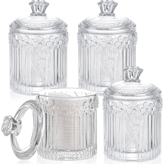 4 Pcs Crystal Glass Candy Jar Set with Lids Home Decorative Storage Jars for Apothecary, Bathroom, Kitchen, and Pantry