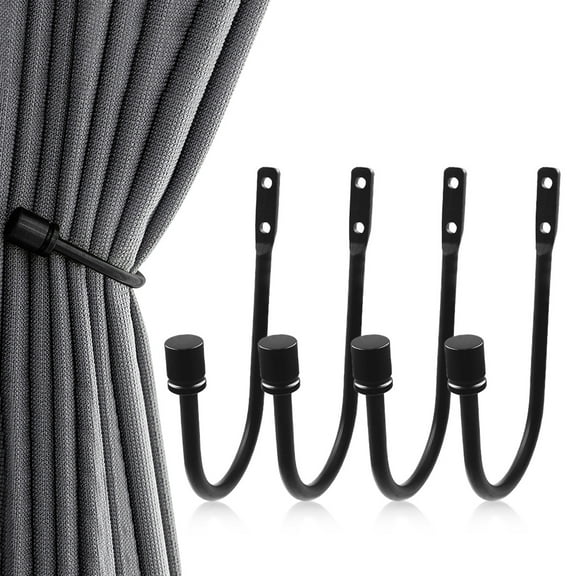 4 Pcs Curtain Holdbacks, Wall Mounted Metal Drapery Tiebacks, Decorative Curtain Tieback Hook, Heavy Duty Metal Window Drapery Holder, Black