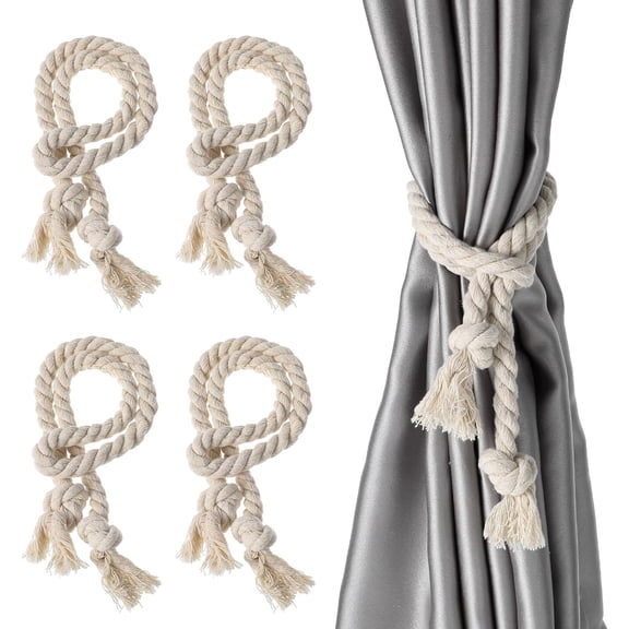 4 Pcs Curtain Tiebacks Rope Cotton Window Treat Belt Home Village Rustic Braided Curtain Holdback Ties for Sheer Outdoor Drapery Patio Drapes Farmhouse Boho