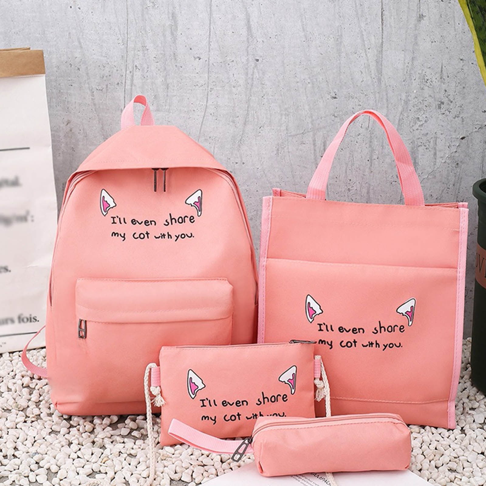 4 Pcs Cute Cartoon Cat Backpack Set for Teens Girls, Girls Lightweight