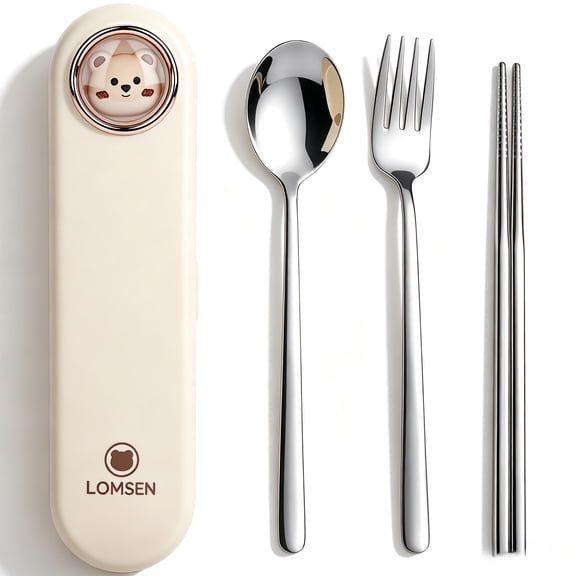 4 Pcs Cute Cartoon Travel Utensils Set, Food Grade 18/8 Stainless Steel Reusable Silverware Kit with Cartoon Storage Case, Dishwasher Safe Fork Spoon Chopsticks for School Camping Picnic
