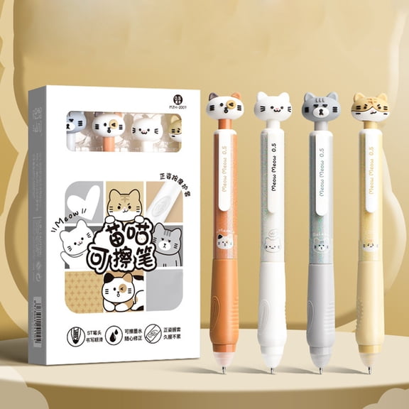 4 Pcs Cute Cat Erasable Pens Retractable Pens Erasable Gel Ink Pens Cartoon 0.5mm Point Black Ink Pen, Black