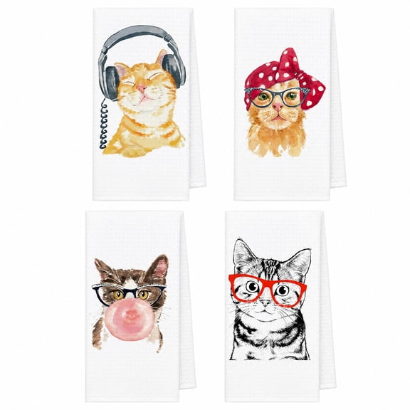 4 Pcs Cute Cat Themed Kitchen Dish Towels, Hand Towels for Bathroom, Housewarming Gift