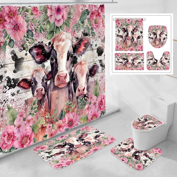 4 Pcs Cute Flower Highland Cow Shower Curtain Sets with Rugs for Bathroom Decor, Funny Bathroom Sets with Shower Curtain and Rugs, Rustic Bathroom Curtain Set with Mats (Hooks Not Included)