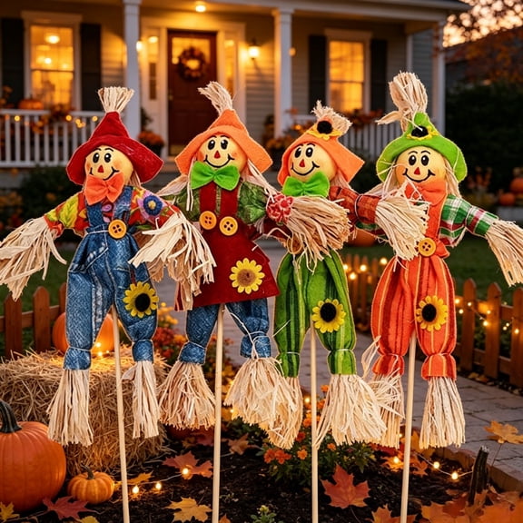 4 Pcs Cute Rural Decor Stick Ornaments, Halloween & Fall Harvest Season Yard Table Party Decor Props