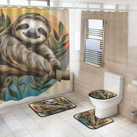 4 Pcs Cute Sloth on Branch Bathroom Shower Curtain Set with 12 Hooks Bath Mat Toilet Lid Cover