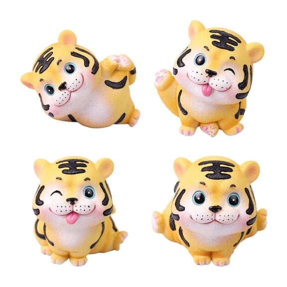 4 Pcs Cute Tigers Resin Statue Crafts Mini for Doll Figurines Sculpture Tabletop Ornaments for Home Office Automobile Decoration