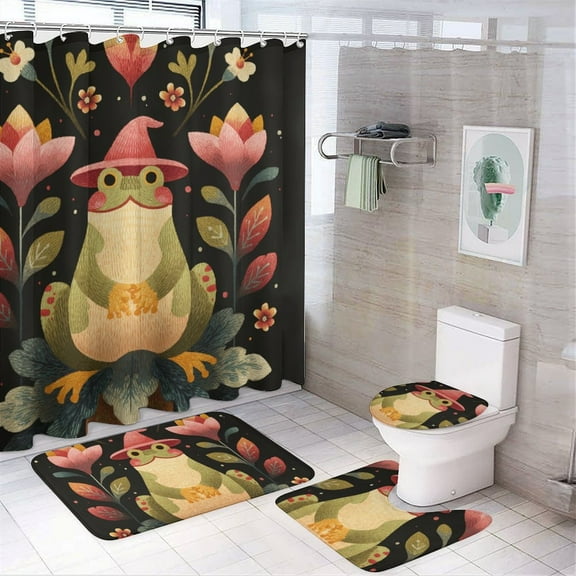 4 Pcs Cute Witch Frog Shower Curtain Set with Non-Slip Rugs Bathroom Set Bathroom Carpet Bath Mat And Toilet Rugs