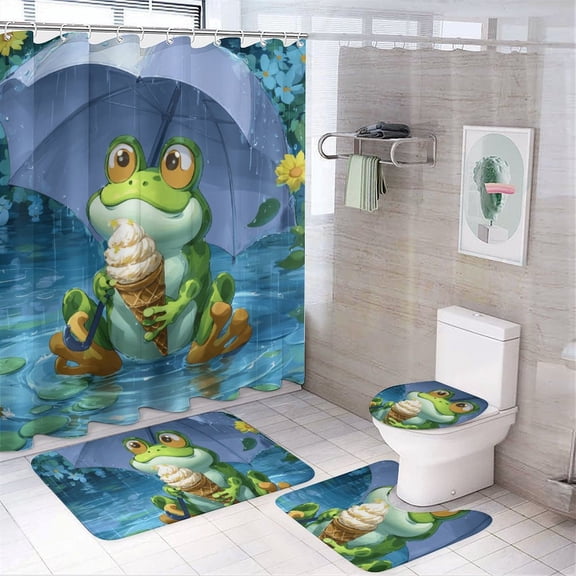 4 Pcs Cute Witch Frog Shower Curtain Set with Non-Slip Rugs Bathroom Set Bathroom Carpet Bath Mat And Toilet Rugs