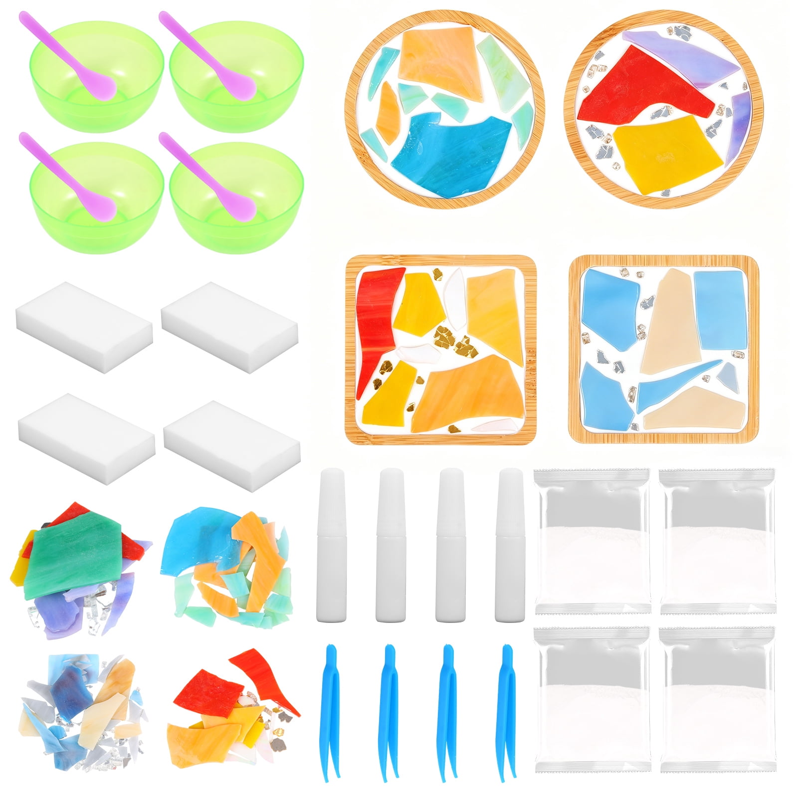 4 Pcs DIY Mosaic Kit for Adult Glass Tile for Craft with Bamboo Cup Pad for Women Mixed Color Mosaic Art Craft Cup Mat Project Handmade Making Kit Set for Home Decor Present