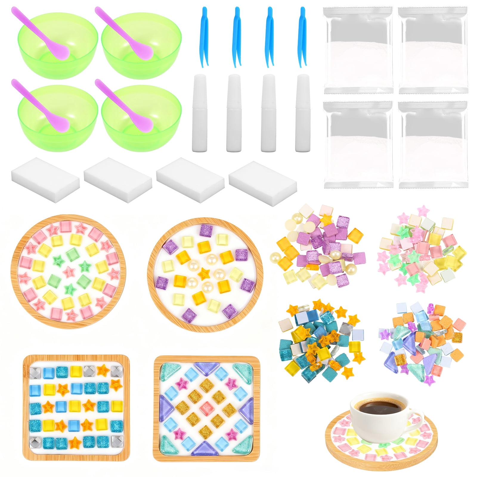 4 Pcs DIY Mosaic Kit for Adult Glass Tile for Craft with Bamboo Cup Pad for Women Mixed Color Mosaic Art Craft Cup Mat Project Handmade Making Kit Set for Home Decor Present