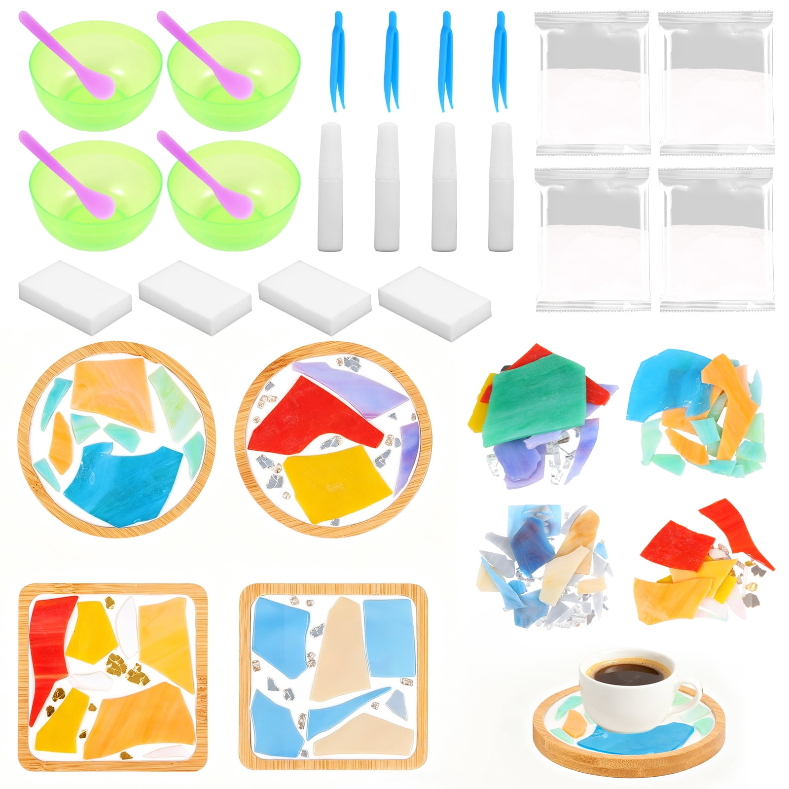 4 Pcs DIY Mosaic Kit for Adult Glass Tile for Craft with Bamboo Cup Pad for Women Mixed Color Mosaic Art Craft Cup Mat Project Handmade Making Kit Set for Home Decor Present