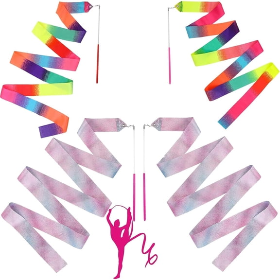 4 Pcs Dance Ribbons, 78.7 Inch Rhythmic Gymnastics Ribbons with Wand, Twirling Baton, Colorful Dancing Ribbon Streamers for Kids Adults, Artistic Dancing, Circus Carnival Shows Gift