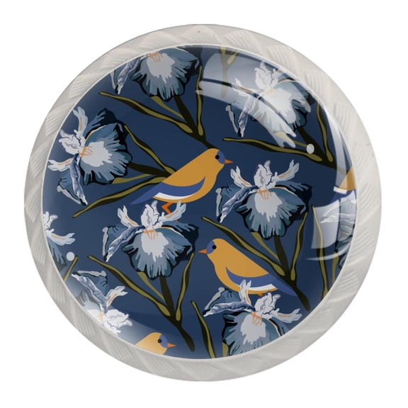 4 Pcs Dark Blue Flower Birds Knobs for Kitchen Cabinet Cupboard Dresser Bookcase Drawer Pulls Handles Round Home Decor
