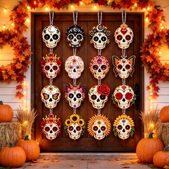 4 Pcs Day of the Dead Sugar Skull Hanging Ornaments 3.15 Inch Acrylic Decoration with Bead Chains Halloween and Dia de los Muertos Decor for Door and Tree