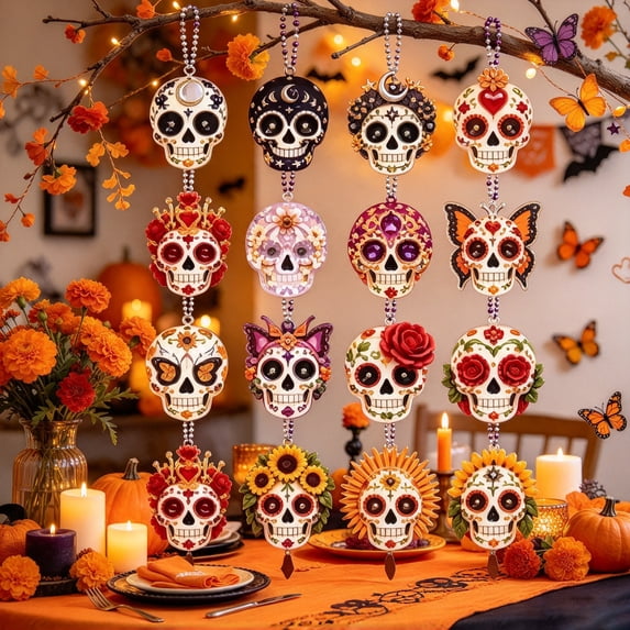 4 Pcs Day of the Dead Sugar Skull Ornaments 3.15 in Acrylic Calavera Hanging Decor for Halloween Dia de los Muertos Door and Tree