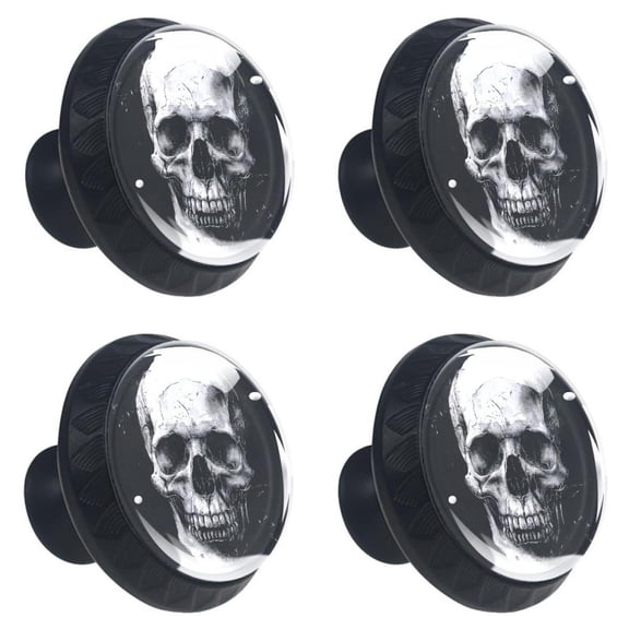 4 Pcs Dead Skull Print Cabinet Knobs 30mm Round Crystal Glass Drawer Handles Pulls with Screws for Kitchen Cupboard Wardrobe Closet Dresser, Home&Office