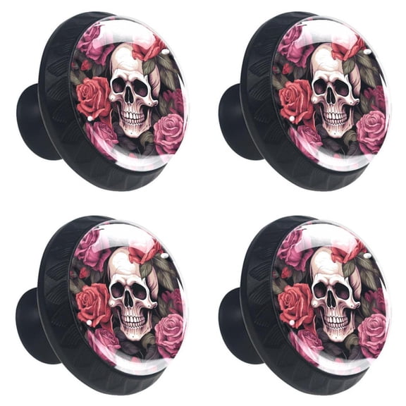 4 Pcs Dead Skull Rose Flower Print Cabinet Knobs 30mm Round Crystal Glass Drawer Handles Pulls with Screws for Kitchen Cupboard Wardrobe Closet Dresser, Home&Office