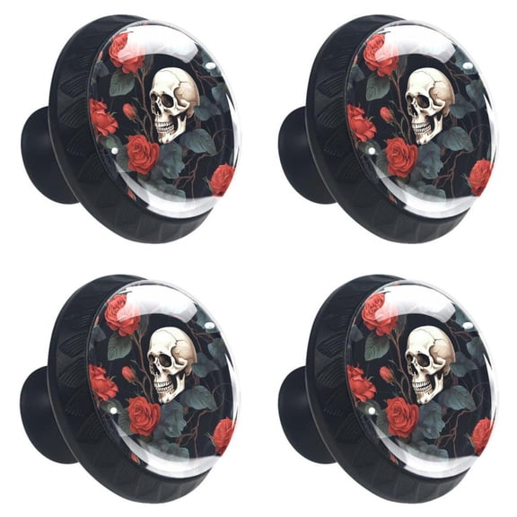 4 Pcs Dead Skull Rose Flower Print Cabinet Knobs 30mm Round Crystal Glass Drawer Handles Pulls with Screws for Kitchen Cupboard Wardrobe Closet Dresser, Home&Office