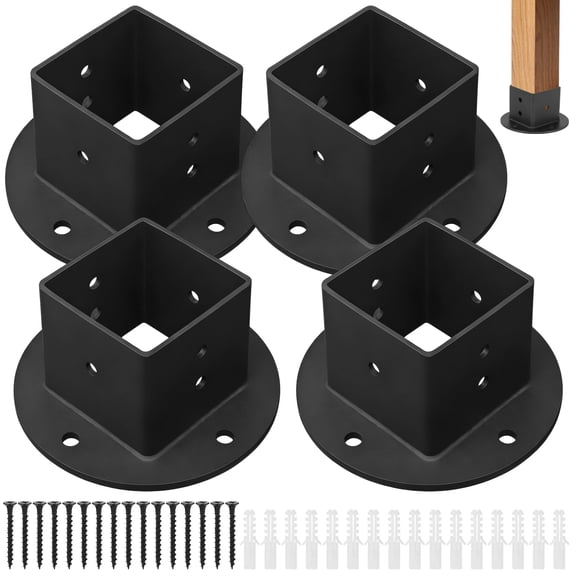 4 Pcs Deck Fence Rail Floor Mount Brackets, 2 x 2 in Square Post Flange Base Anchor, Heavy Duty Metal Black Post Brackets for Decking, Railing, Fencing