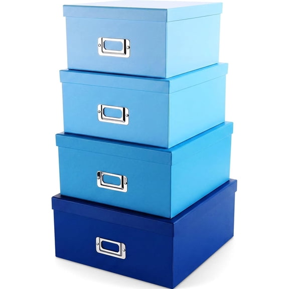 4 Pcs Decorative Storage Boxes with Lids, Stackable Paper Storage Boxes with Label Holders, Photo Memory Keepsakes Gift Boxs for Home Office Closet File Organizer(Blue Gradient)