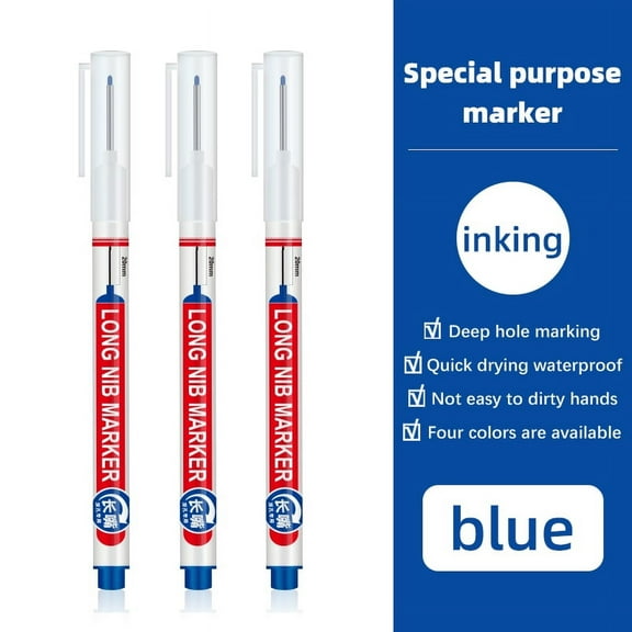 4 Pcs Deep Reach Markers Long Nose Marker Waterproof Deep Hole Marker Carpenter Ink Marker 20 mm Reach Permanent Markers and Marker Pens for Carpenters Builders Construction, Blue