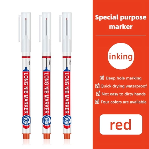 4 Pcs Deep Reach Markers Long Nose Marker Waterproof Deep Hole Marker Carpenter Ink Marker 20 mm Reach Permanent Markers and Marker Pens for Carpenters Builders Construction, Red