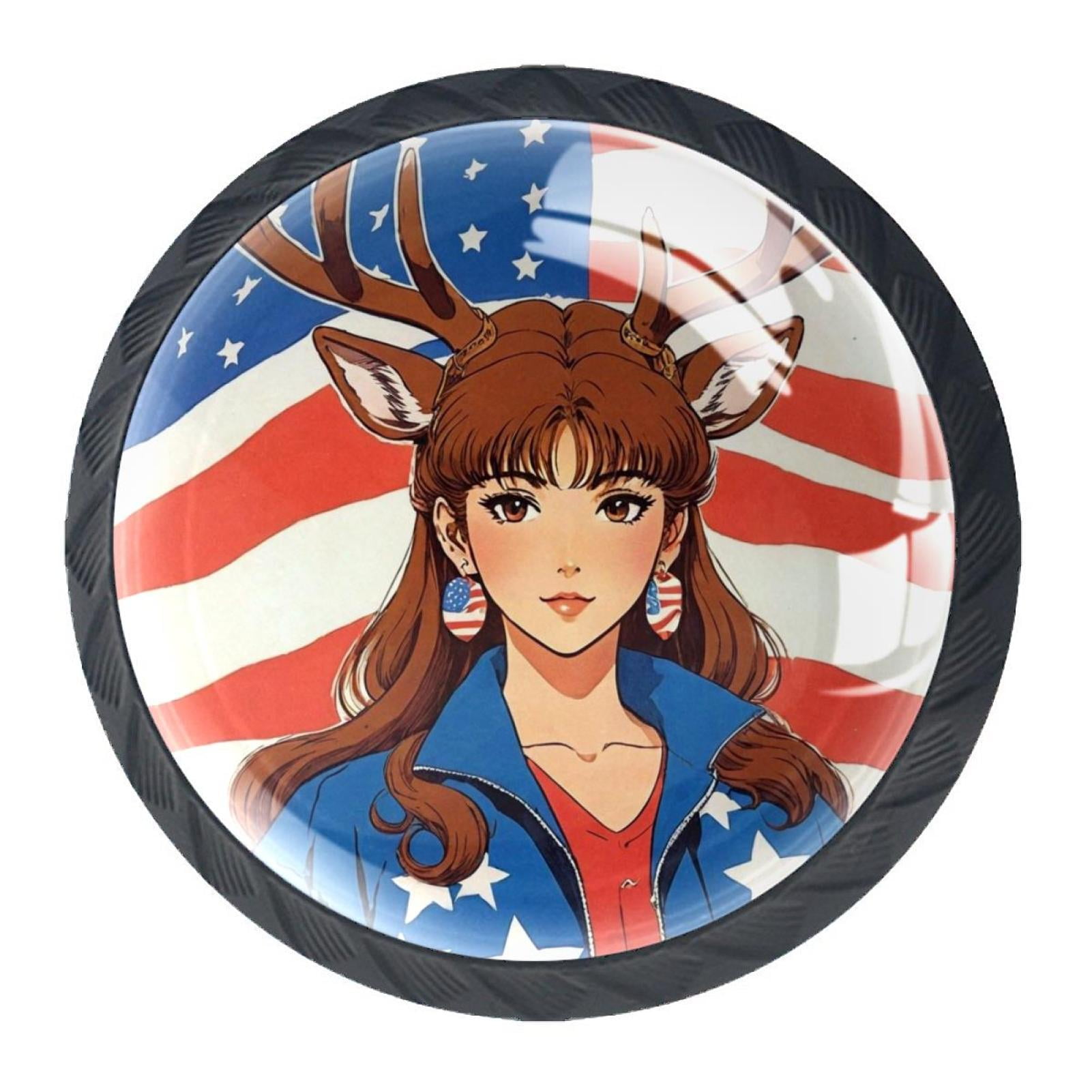 4 Pcs Deer Girl and American Flag Knobs for Kitchen Cabinet Cupboard Dresser Bookcase Drawer Pulls Handles Round Home Decor