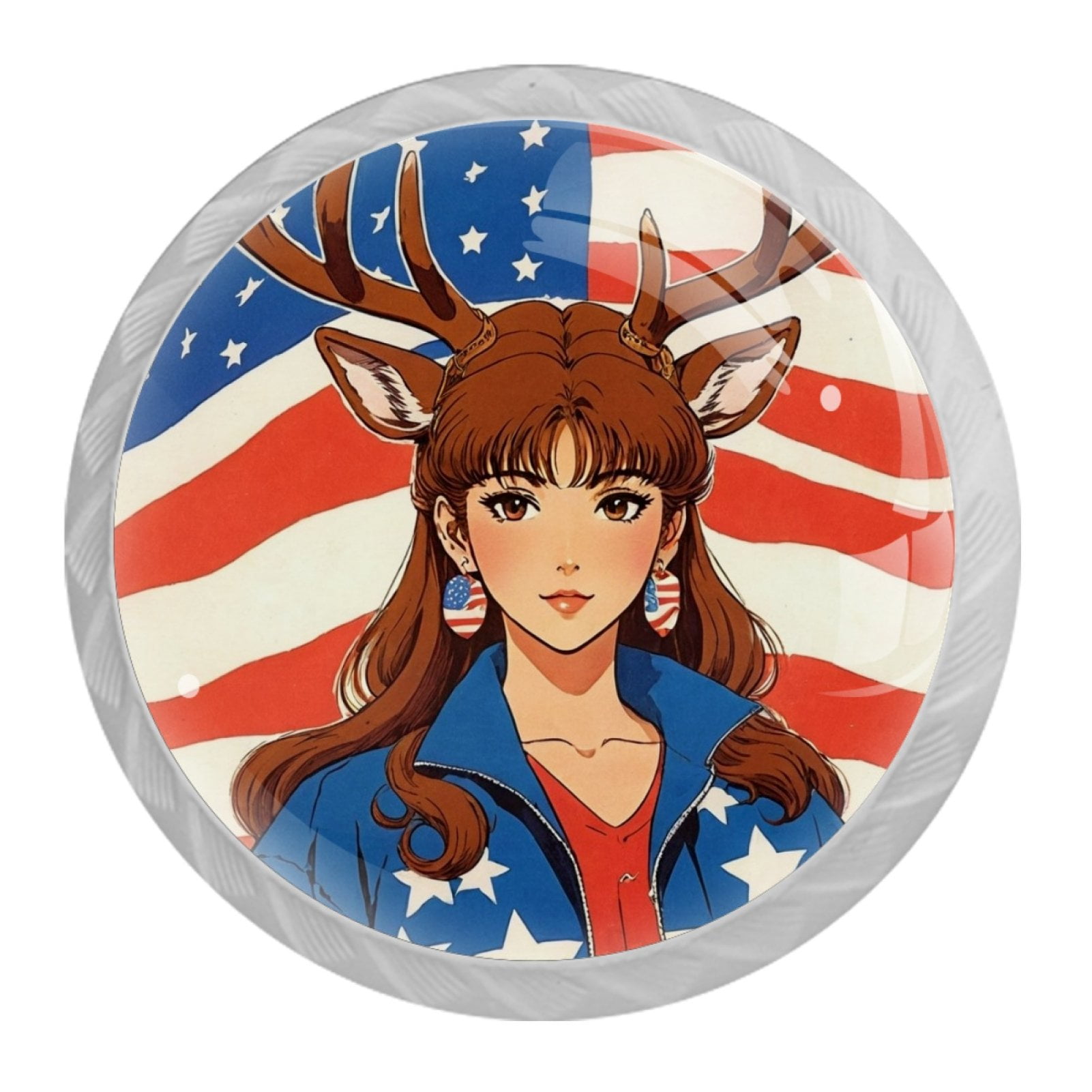 4 Pcs Deer Girl and American Flag Knobs for Kitchen Cabinet Cupboard Dresser Bookcase Drawer Pulls Handles Round Home Decor