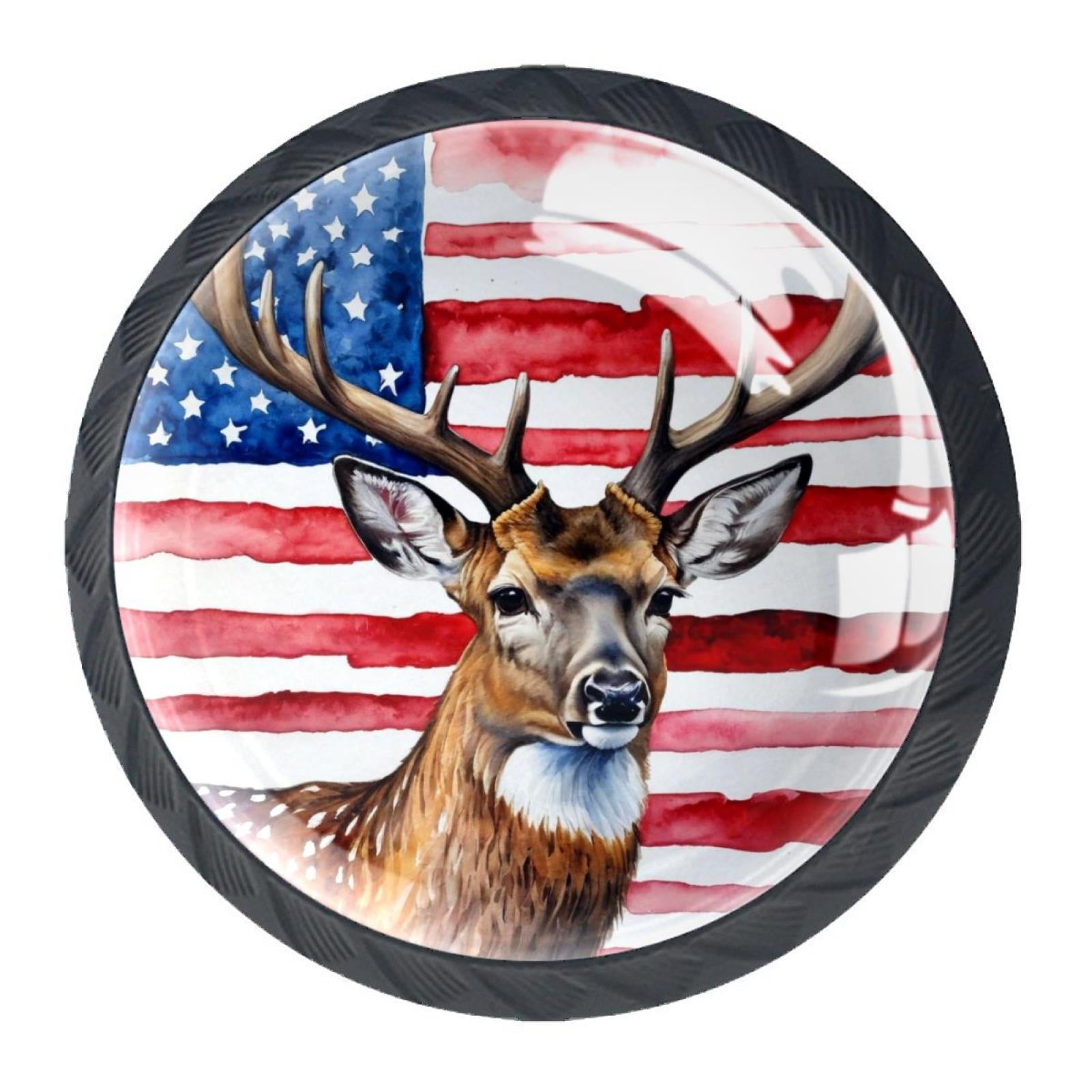 4 Pcs Deer and American Flag Knobs for Kitchen Cabinet Cupboard Dresser Bookcase Drawer Pulls Handles Round Home Decor