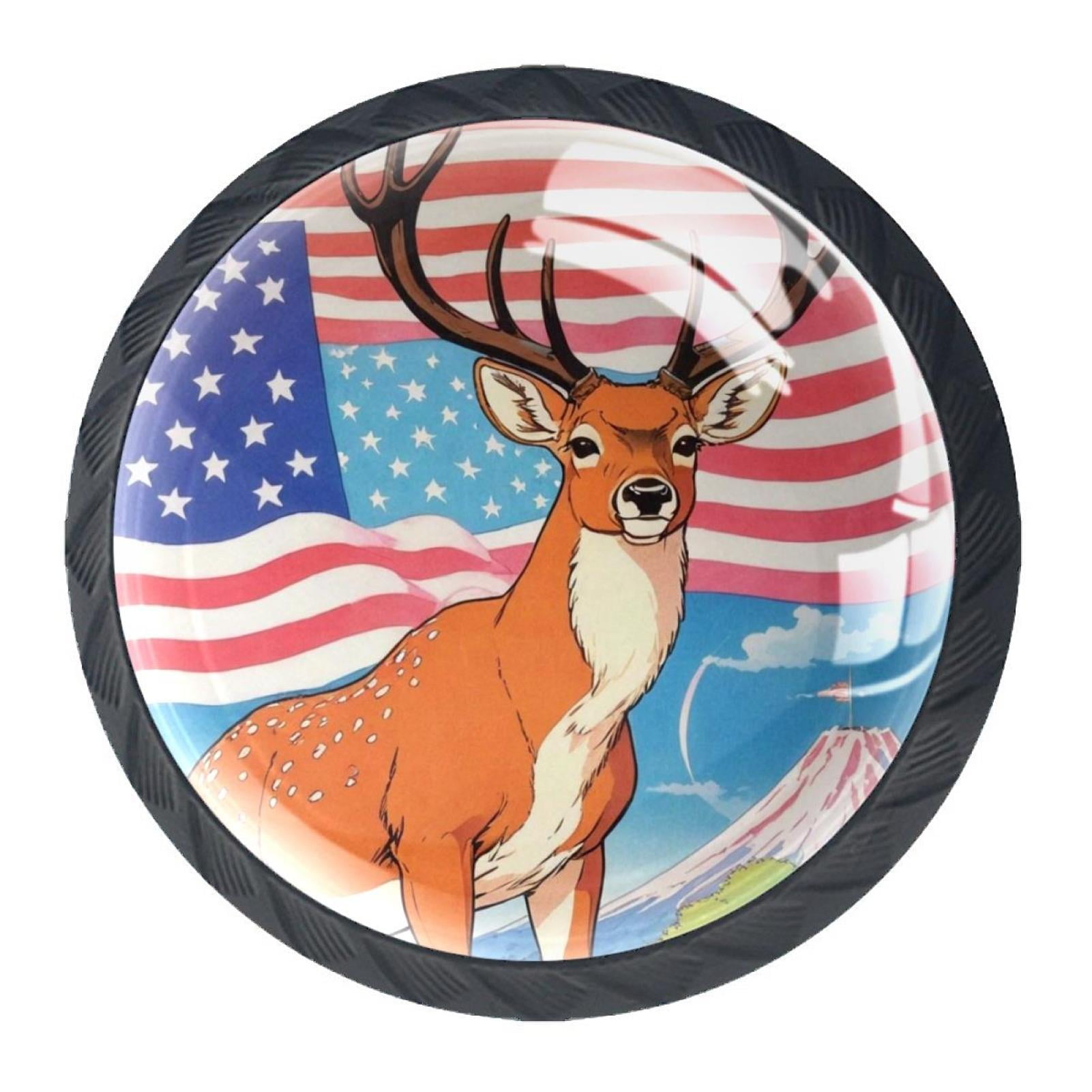 4 Pcs Deer and American Flag Knobs for Kitchen Cabinet Cupboard Dresser Bookcase Drawer Pulls Handles Round Home Decor