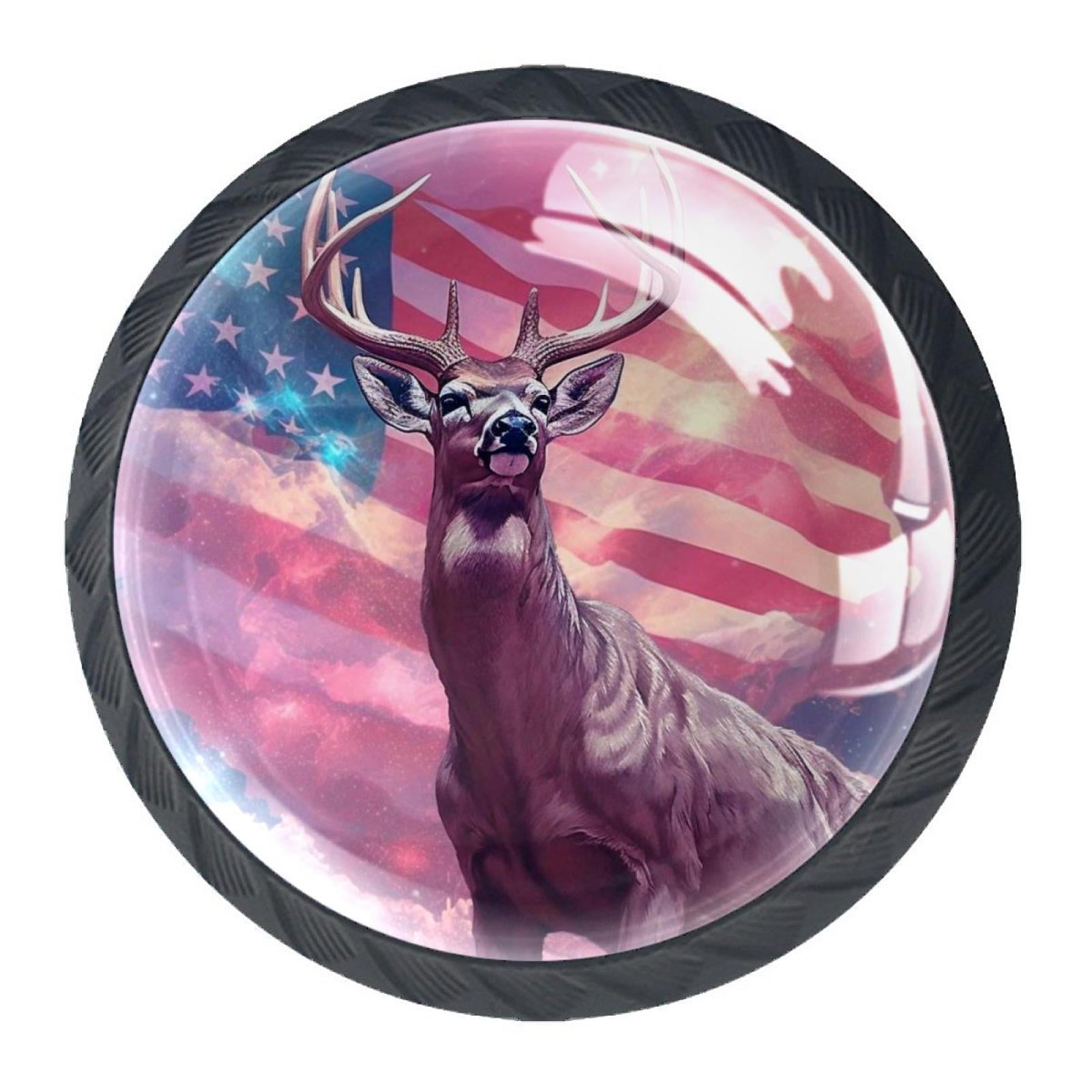 4 Pcs Deer and American Flag Knobs for Kitchen Cabinet Cupboard Dresser Bookcase Drawer Pulls Handles Round Home Decor