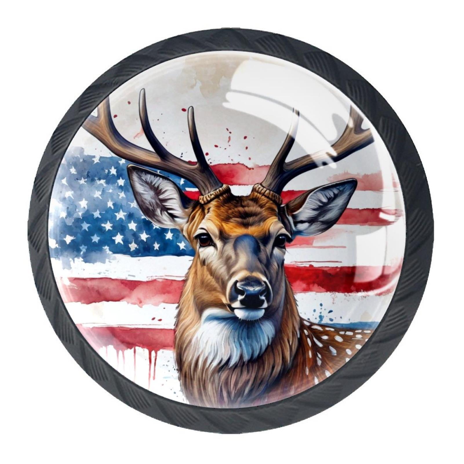 4 Pcs Deer and American Flag Knobs for Kitchen Cabinet Cupboard Dresser Bookcase Drawer Pulls Handles Round Home Decor