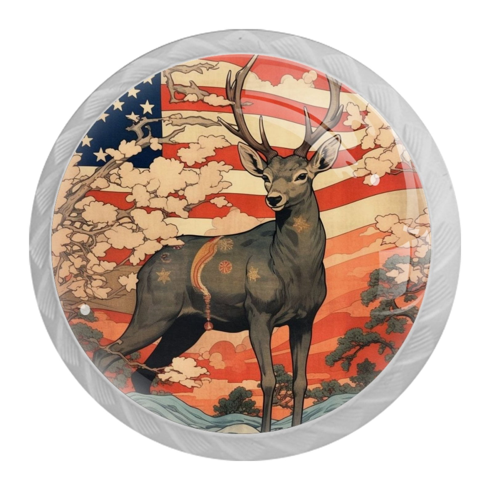 4 Pcs Deer and American Flag Knobs for Kitchen Cabinet Cupboard Dresser Bookcase Drawer Pulls Handles Round Home Decor