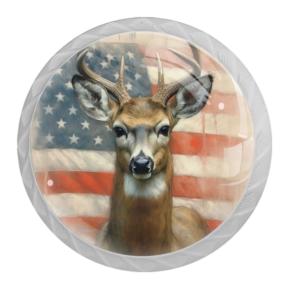4 Pcs Deer and American Flag Knobs for Kitchen Cabinet Cupboard Dresser Bookcase Drawer Pulls Handles Round Home Decor