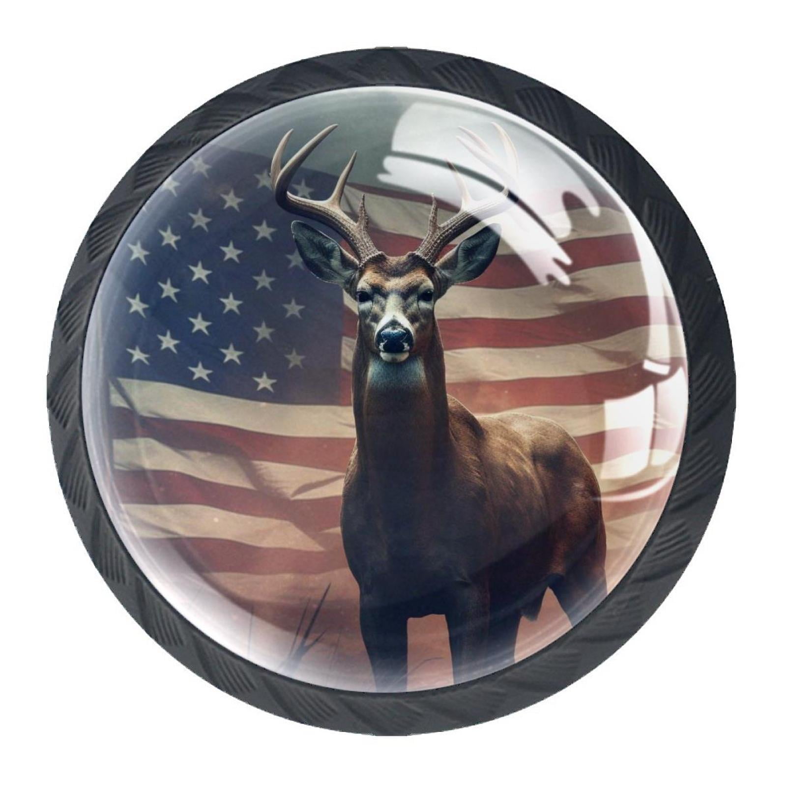 4 Pcs Deer and American Flag Knobs for Kitchen Cabinet Cupboard Dresser Bookcase Drawer Pulls Handles Round Home Decor