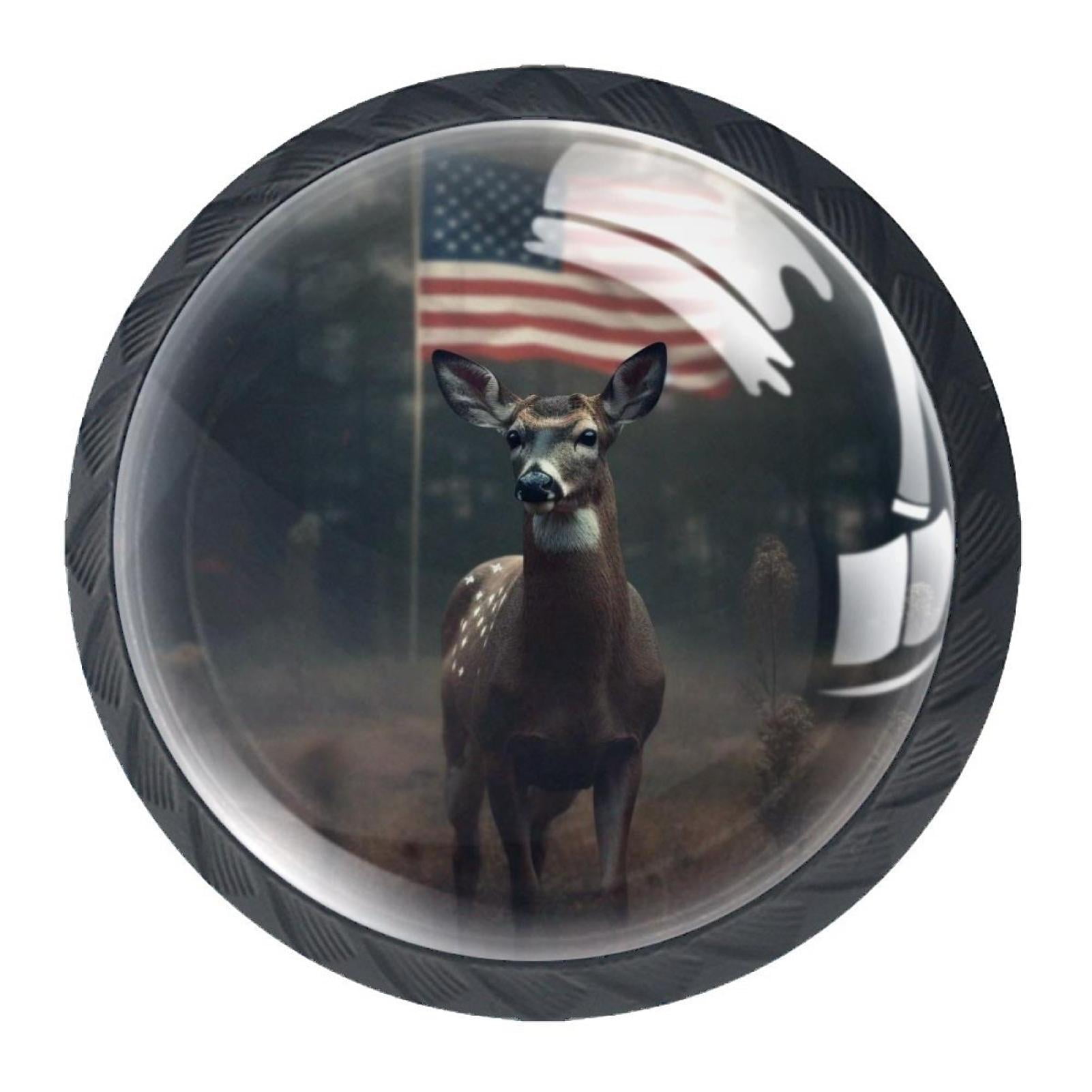 4 Pcs Deer and American Flag Knobs for Kitchen Cabinet Cupboard Dresser Bookcase Drawer Pulls Handles Round Home Decor