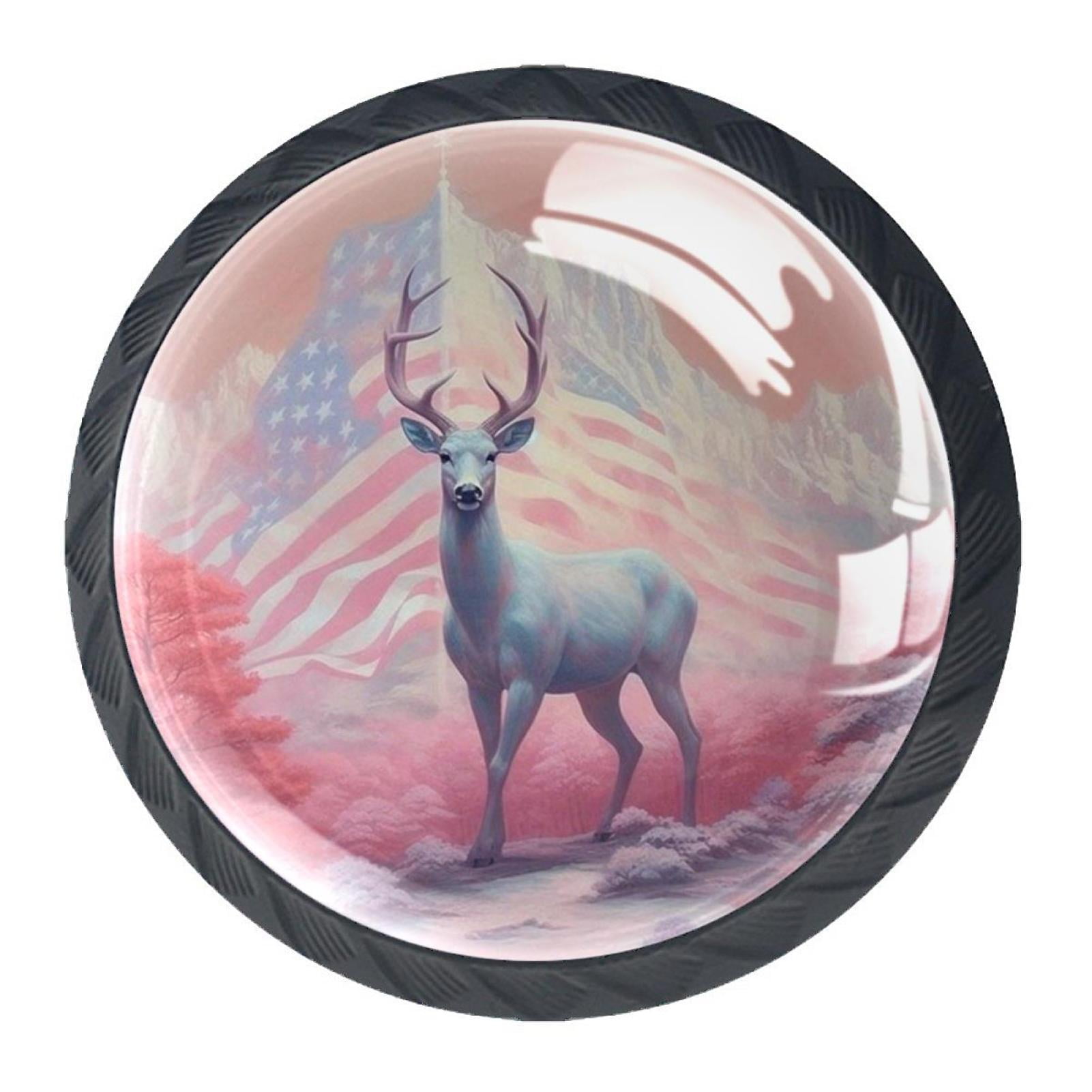 4 Pcs Deer and American Flag Knobs for Kitchen Cabinet Cupboard Dresser Bookcase Drawer Pulls Handles Round Home Decor
