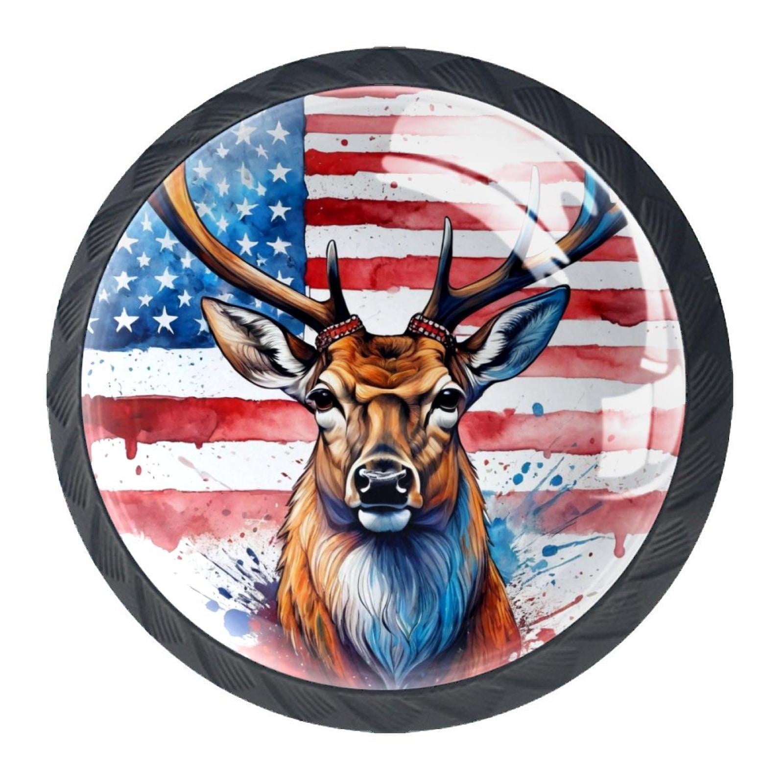 4 Pcs Deer and American Flag Knobs for Kitchen Cabinet Cupboard Dresser Bookcase Drawer Pulls Handles Round Home Decor