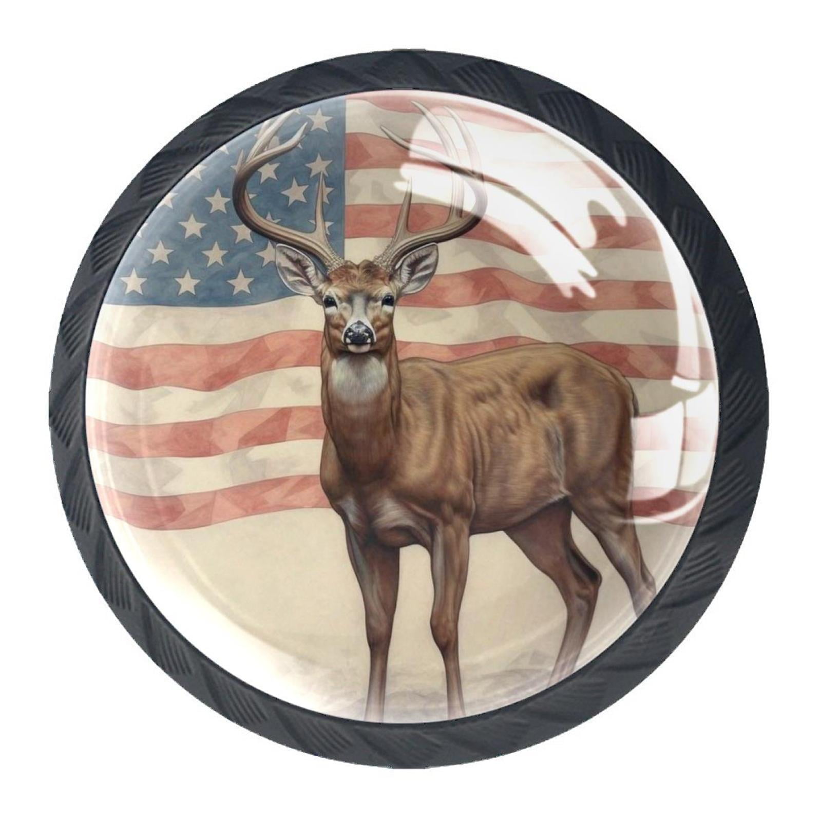 4 Pcs Deer and American Flag Knobs for Kitchen Cabinet Cupboard Dresser Bookcase Drawer Pulls Handles Round Home Decor