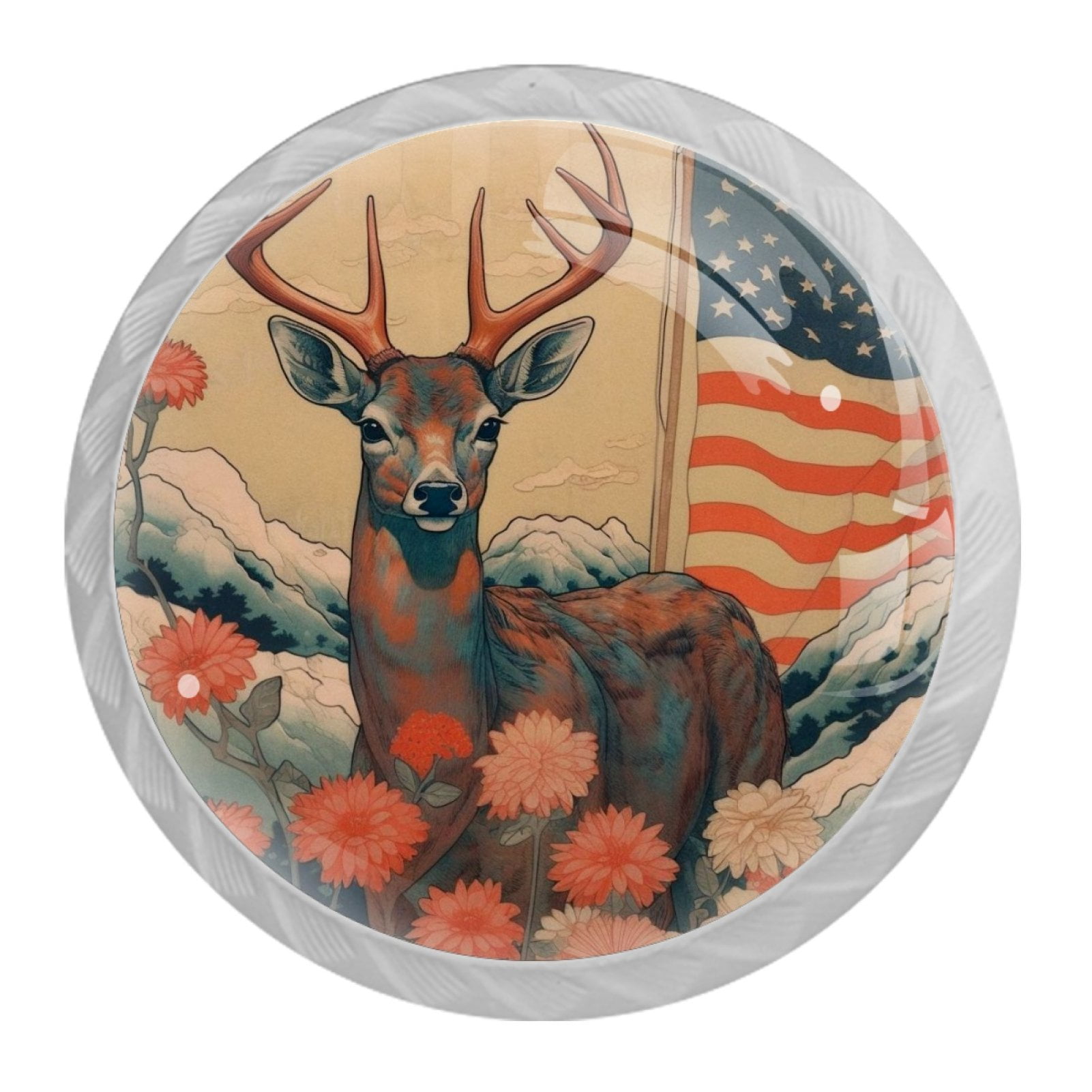 4 Pcs Deer and American Flag Knobs for Kitchen Cabinet Cupboard Dresser Bookcase Drawer Pulls Handles Round Home Decor