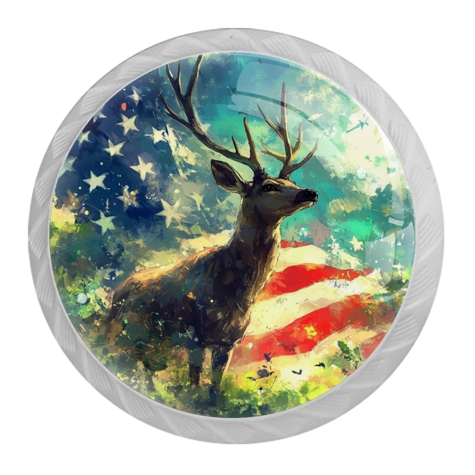 4 Pcs Deer and American Flag Knobs for Kitchen Cabinet Cupboard Dresser Bookcase Drawer Pulls Handles Round Home Decor