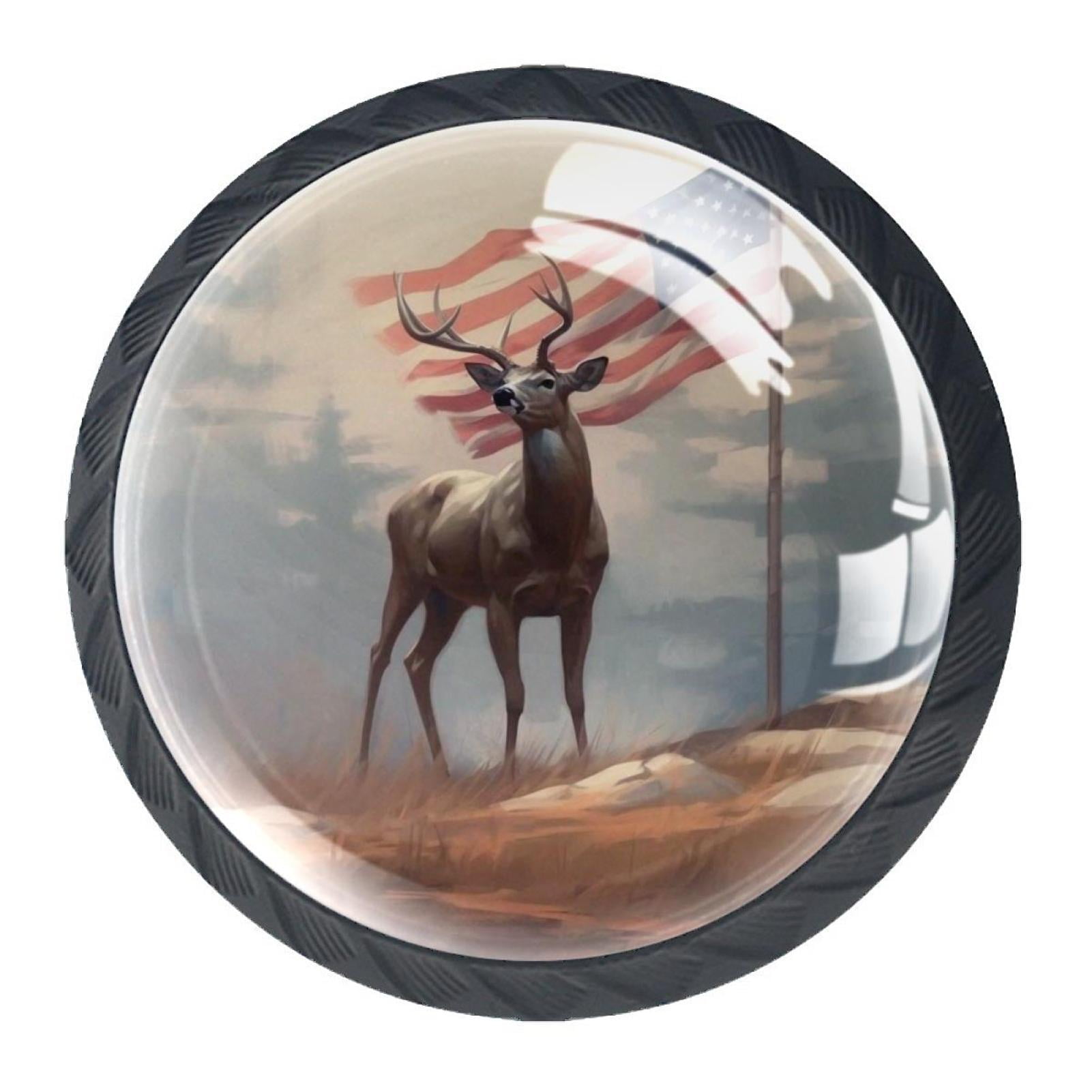 4 Pcs Deer and American Flag Knobs for Kitchen Cabinet Cupboard Dresser Bookcase Drawer Pulls Handles Round Home Decor