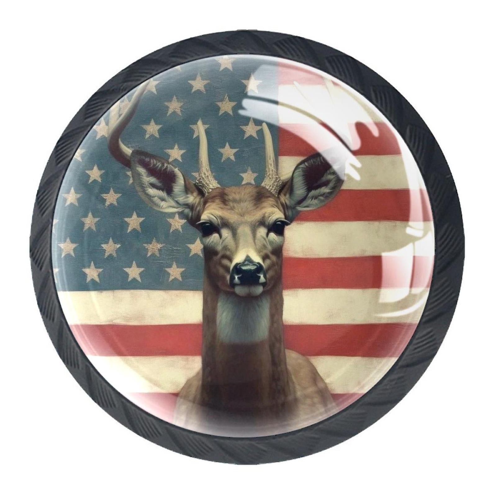 4 Pcs Deer and American Flag Knobs for Kitchen Cabinet Cupboard Dresser Bookcase Drawer Pulls Handles Round Home Decor