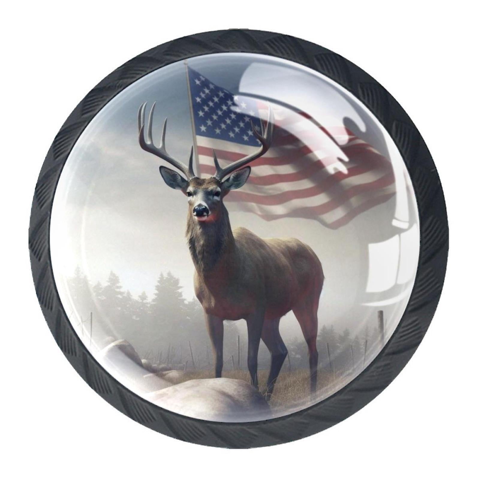 4 Pcs Deer and American Flag Knobs for Kitchen Cabinet Cupboard Dresser Bookcase Drawer Pulls Handles Round Home Decor